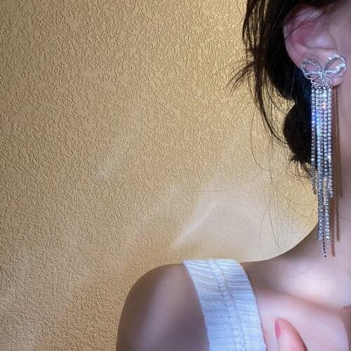 Korean Fashion Shining Rhinestone Bowknot Long Tassel Dangle Earrings For Women Delicate Crystal Piercing Earring Party Jewelry