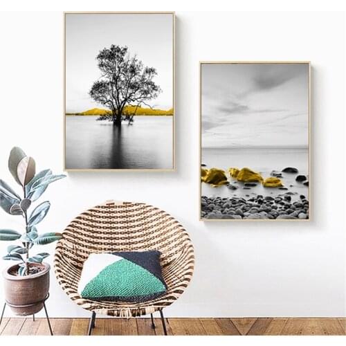 Fishing Boat Seascape Yellow Retro Art Seaside Scenery Poster Wall Painting Wall Art for Living Room Home Decor (No Frame)