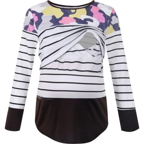 Women Maternity Wear Color Strip Round Neck Daily Long-sleeved Breastfeeding T-shirt Pregnant Tops Pregnancy Maternity Clothing
