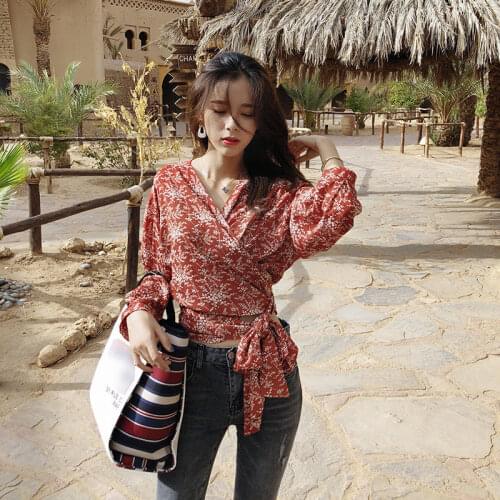 Bella philosophy 2020 spring V-Neck Blouse lady Lantern Sleeve Printed Shirt female Floral chiffon Tops sashes Blouses