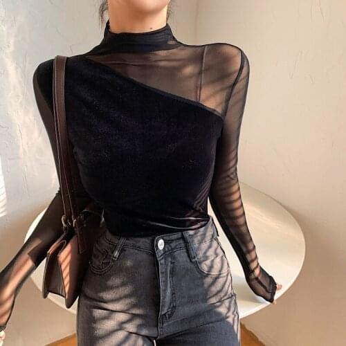 New Elegant Half High Neck Mesh Tulle Patchwork Velvet Top Women Long Sleeve Slim Stretch T-shirt Lady Autumn Winter Base Shirt