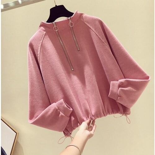 Half Zipper 2020 Women Sweater Top Loose Long Sleeve Stand Collar Pullover Drawstring Waist Female Top Fashion