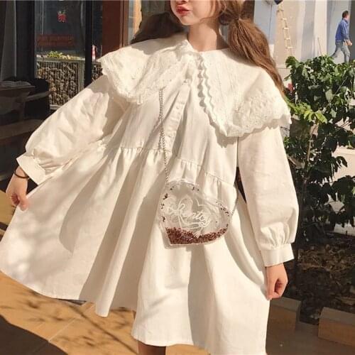 Japanese Harajuku Women White Black Dress Double-layer Lace Collar Anime Kawaii Dress Lolita Style Mori Girl Oversize Cute Dress