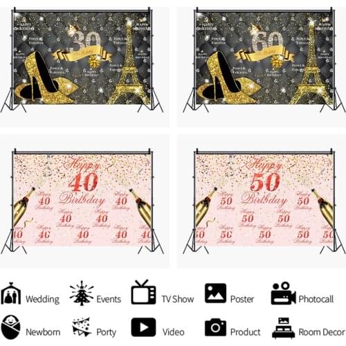 Gold Pink Ribbon Champagne Backdrops Photo Background Happy Birthday Party Decorations for Ladies Photography Props