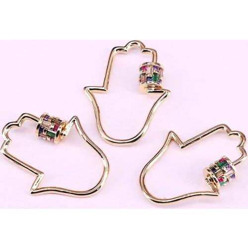 5Pcs, 24*31mm, Rainbow CZ Screw on hamsha hand Gold Color Clasp, for metal chain and cord, Pave Lock