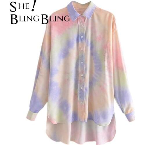 SheBlingBling Rainbow Tie Dye Summer Women Loose Shirts Fashion Drop Shoulder Long Sleeve Casual Blouses Female High Low Hem Top