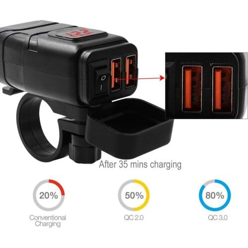 QC3.0 Motorcycle Fast Charger Waterproof Dual USB Moto Quick Charger 12V PhoneVoltmeter Switch for Apple Samsung Huawei