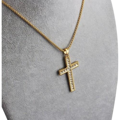 2mm Link Square Pearl Chains Golden Color Stainless Steel Cross Pendant Necklaces For Mens and Womens Fashion Jewelry