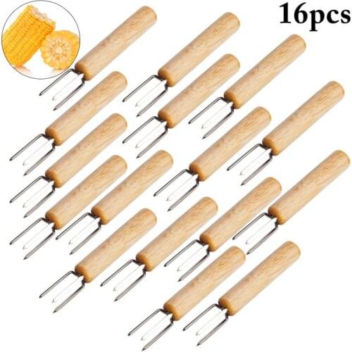 8pcs 16pcs Corn Holders Fork Multi-function Barbecue Corn Tools Wooden Handle 304 Stainless Steel Fork BBQ Barbecue Supplies