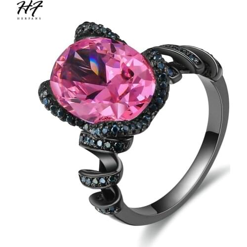 New Fashion Luxury Pink Big Oval Cubic Zirconia Black Gold Color Ring Fashion Spiral Rings For Women HotSale DD028 DD025