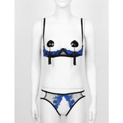 Womens Embroidery Lace Lingerie Set Breast Underwired Bra Tops Crotchless T-Back Briefs with Heart Shaped Nipples Tassel Pasties
