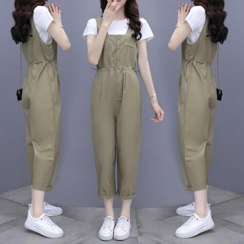 Leisure Strap Pants Suit Summer Wear Tooling One-piece Pants 9-point Straight Tube Slim Two-piece Set Ensemble Femme Survetement