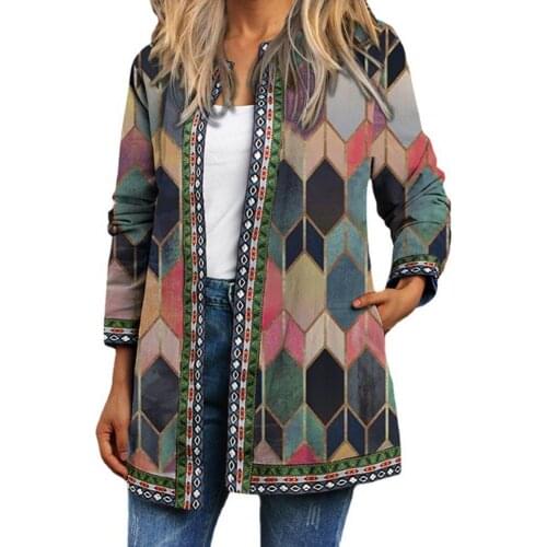 2021 New Womens Fashion Autumn Loose Pocket Jacket Casual Retro Ethnic Printing Pattern Elegant And Warm Super Large Size Soft