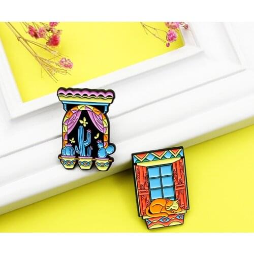Night sky outside the windowsill design enamel brooch pin cartoon cute lazy cat cactus plant metal badge simple jewelry gift