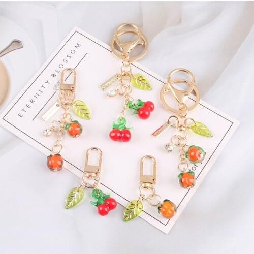 Cute Cherry Acrylic Keychain Simulation Orange Fruit Key Ring Women Couple Bag Car Pendant Keychain Jewelry Gift
