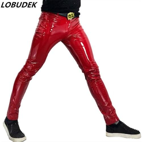 Men Motorcycle Leather Pants Red Black Thin Slim Fit Skinny PU Leather Trousers For Hip Hop Rock Singer Dancer Spring Autumn