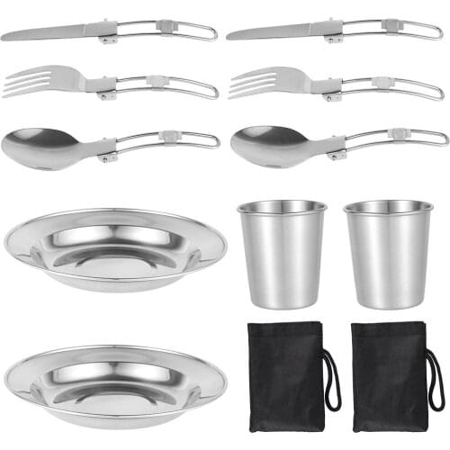 10Pcs Camping Cutlery Kit Outdoor Tableware Spoon Fork Knife Cup Plates Stainless Steel Flatware Picnic Cutlery Cooking Utensil