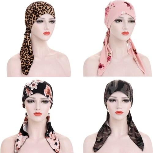 New Elastic Floral Printed Wrap Head Scarf Hats Muslim Turban Bonnet Women Inner Hijab Hat Fashion Female Long Tail Cap Bandanas