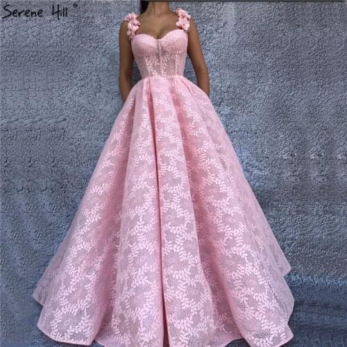 Romantic Pink Lace Sleeveless Sexy Prom Dresses 2020 Sequined Crystal A-Line Party Gowns Serene Hill LA6523