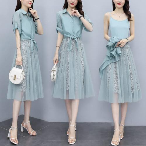 Chic Mesh Floral Dress Women Summer 2021 New Retro Temperament Chiffon Suit Dress Sling Shirt Tops Two Piece Set Outfits zh1550