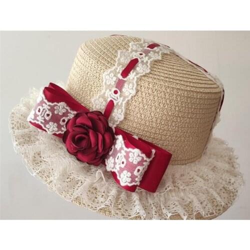 Lolita Tea Party rose Lace Bow Summer Straw Hats Womens Beach Sun Hat Mori Girl Princess Cap D248