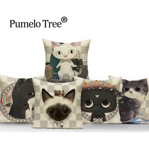 Cute Black And White Cat Throw Pillows Cushions Decorative Lovely Cover Cushion Linen Cartoon Home Cushions Custom Pillowcase