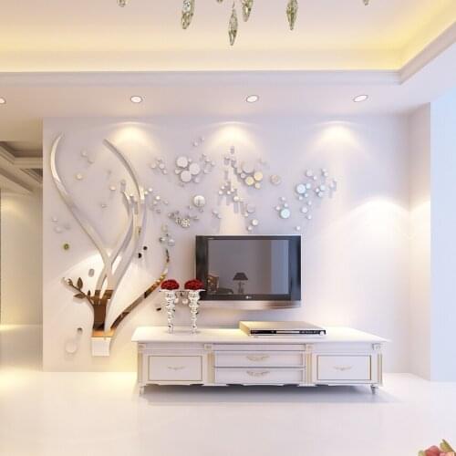 Modern Tree Mirror Crystal Acrylic Wall Stickers Living Room TV 3D Wall Home Sofa Sticker Decals Wall DIY 3D Decor Background