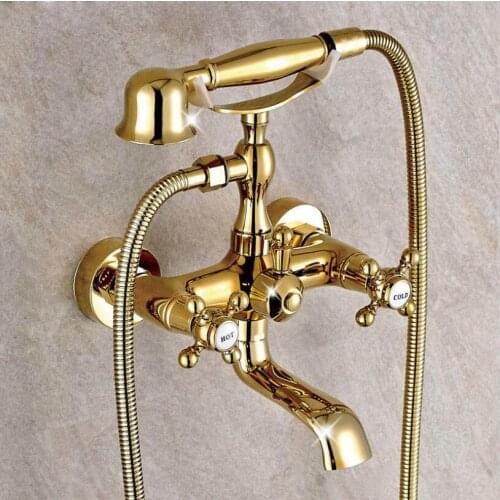 Vidric Shower Faucet Brass Polished Gold Bathtub Faucets Hand Rain Shower Head Tap Luxury Ceramic Telephone Wall Bath & Shower F