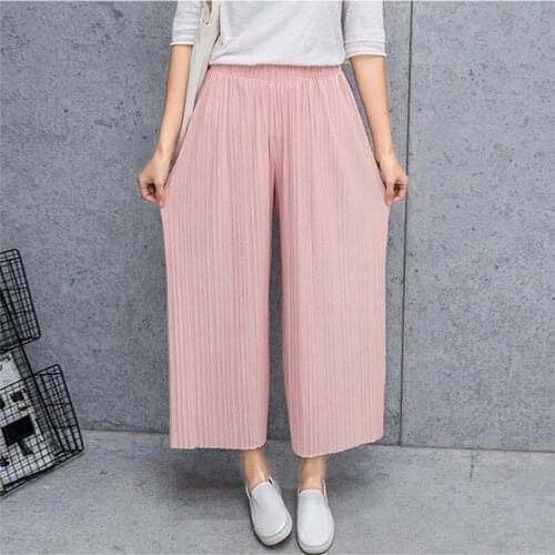 Pleated Long Pants Women High Waist Solid Color Elastic Pleat Pant Lady Casual Loose Wide Leg Comfortable Pants Robe Femme