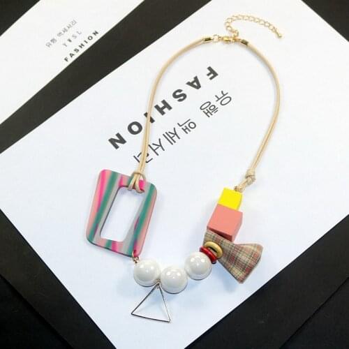 Women Pendant Necklace Geometric Resin Pearls Wood Beads Fabric Gothic Necklace Handmade Statement Jewelry Punk Gift for Girls