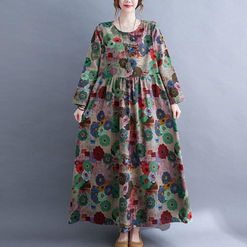 2021 New Arrival Print Floral Vintage Autumn Dress Long Sleeve Cotton Linen Plus Size Loose Long Maxi Women Casual Spring Dress