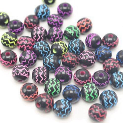 100 Black Colour with Neon Wave Pattern Round Beads 10mm Funny Kids Crafts