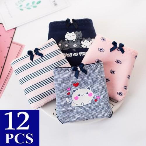 12pcs Women Cotton Panties 2021 New Lingerie Femme Sexy Cute Fruit Cartoon Printed Underpants Seamless Panty Mid Rise Plus Size