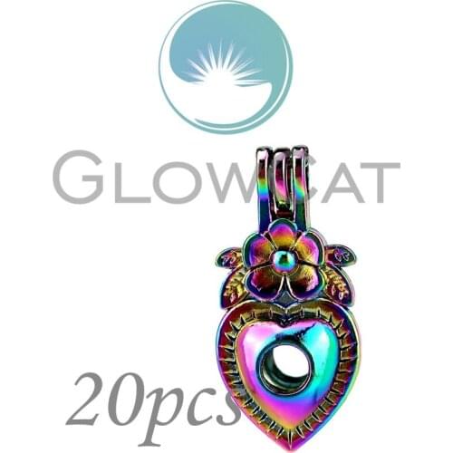 20X CC879 Rainbow Flower Heart Beads Cage Jewelry Making Essential Oil Diffuser Aroma Stone Pearl Cage Locket Pendant