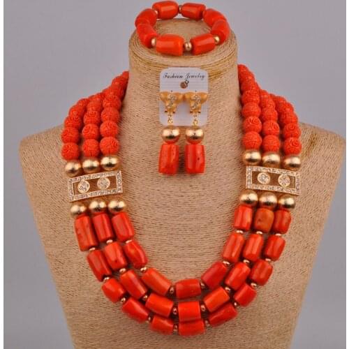 24inches Long White/Red/Orange Coral Necklace African Beads Jewelry Set Nigerian Wedding Bridal Jewelry Sets