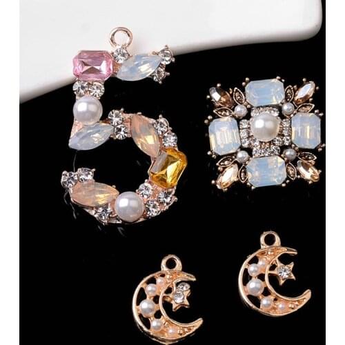 5 Pcs Alloy Rhinestone Pearl Rhinestone Moon 5 Character Alloy Pendant Square Flower Disk Diamond Buckle Accessories Handmade