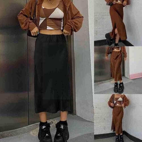 Satin Split Skirts y2k Vintage Slit Long Skirts Women Summer New Female High Waist Trendy Women 2021 Ladies Harajuku Skirt O1V1