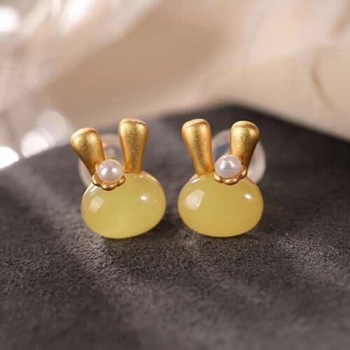 Pure S925 Silver Earrings Women Yellow Crystal Bunny Stud Earrings Cute Earrings