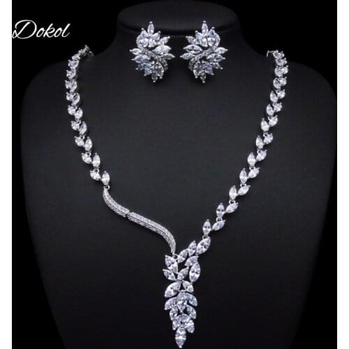 DOKOL Elegant Wedding Jewelry Sets Marquise Cut CZ Statement Necklaces Earrings Set Silver Color Bridal Jewellery DKS0013