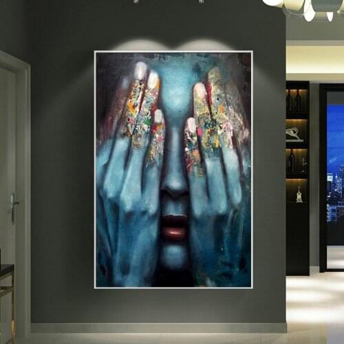 Woman Hands Cover face Graffiti Art Canvas Painting Abstract Portrait Posters Wall Pictures for Living Room Home Decor