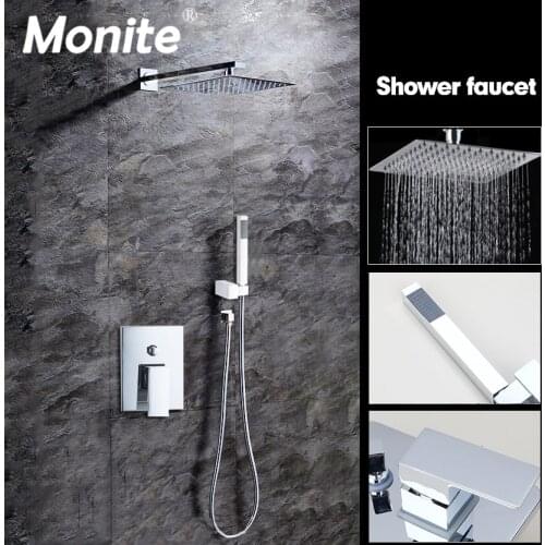 Monite 8 Inch Wall Mounted Rain Shower Set Luxury Square Shower Head Shower Set Faucet with Hand Shower Chrome Polish
