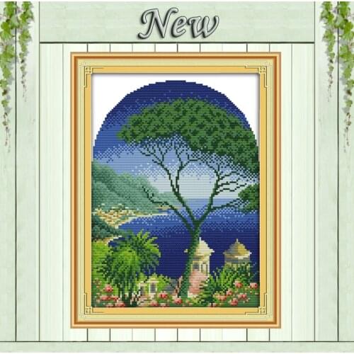 The evergreen tree lake sea scenery paintings Embroidery sets Cross Stitch dmc 14CT 11CT Counted print on canvas Needlework kits
