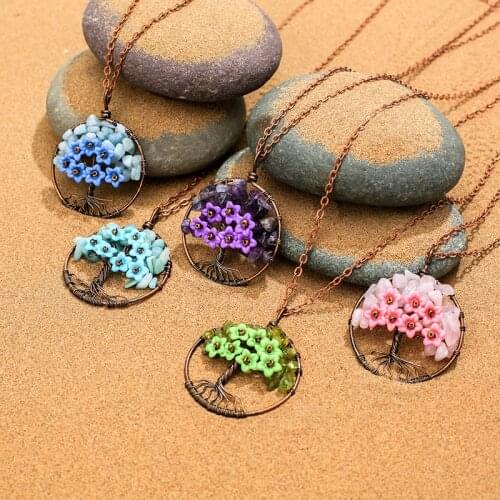 2019 New Tree of Life Flower Charms Pendant Necklaces for Women Girl Natural Quartz Druzy Stone Pendant Necklaces Accessories