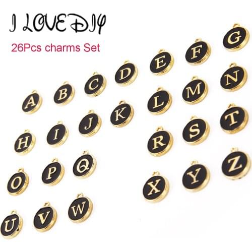 26pcs Alphabet Pendant Alloy & Enamel Charms Round Alphabet Beads Letters Bead Pendants Jewelry Making Accessories DIY 12*14MM