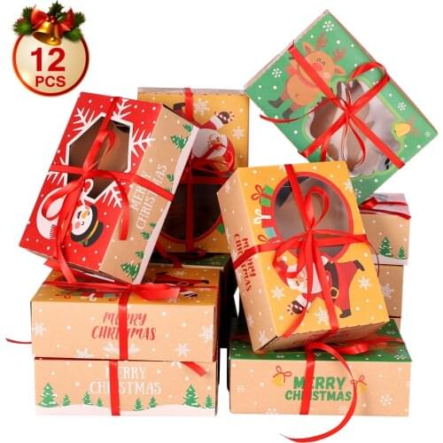 PRETYZOOM 12pcs Christmas Cookie Boxes Kraft Paper Boxes with 1 Roll/22m Ribbons Gift Candies Boxes for Christmas Party Holidays