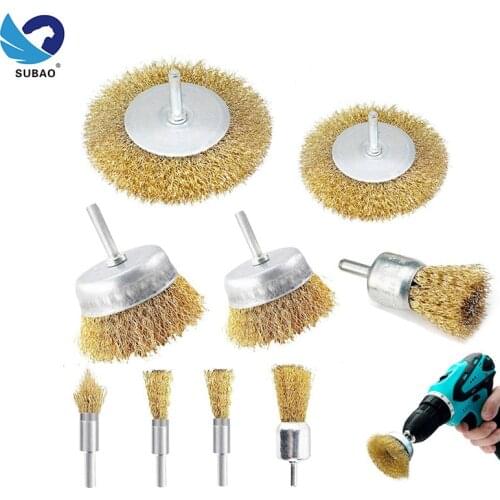 Wire wheel brush brass coated wire wheel and cup brush kit, 1 / 4 inch handle crimp cup brush, for rust / corrosion / Paint Kit