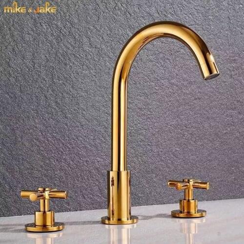 Widespeead bathroom gold brass tap 3 holes bathroom mixer brush gold widespread 3hole Bathroom Sink golden Faucet
