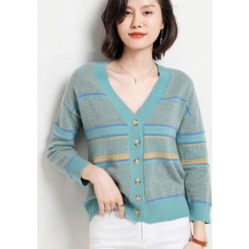 100% wool cashmere sweater womens autumn / winter 2020 warm soft V-Neck long sleeve knitted K cardigan womens sweater