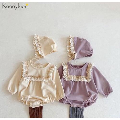 Koodykids 2021 Spring Autumn Baby Girl Bodysuits Toddler Girl Outfits Lace Beige Jumpsuit Clothing With Hat Vintage Style New