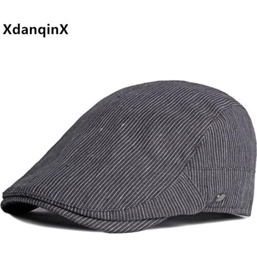XdanqinX Autumn New Mens Cotton Linen Berets Snapback Cap British Retro Striped Casual Sports Caps Boinas Male Bone Dad Hats